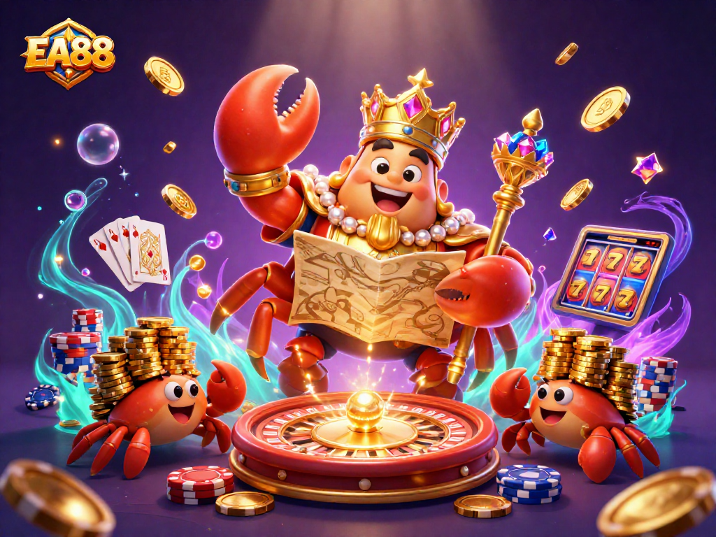Experience EA88's thrilling gaming with a golden crab emperor, treasure maps, and vibrant casino elements.