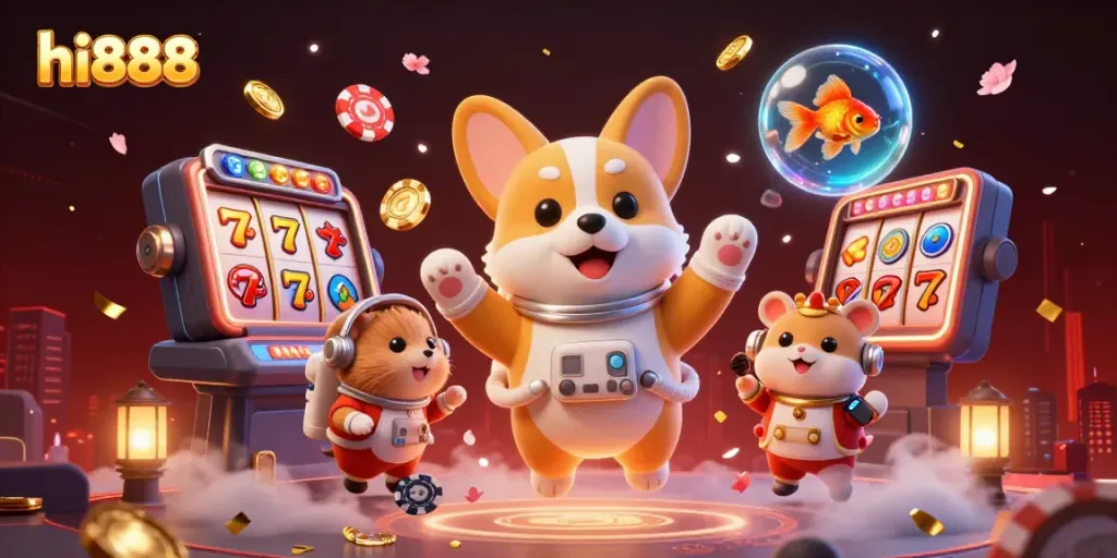 hi888 slot casino adventure with 3D astronaut corgi and vibrant gaming elements