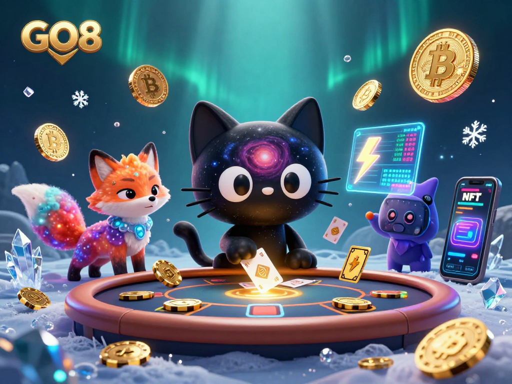 Experience GO8's thrilling cosmic casino with a magical black hole cat and nebula fox pulling in golden chips.