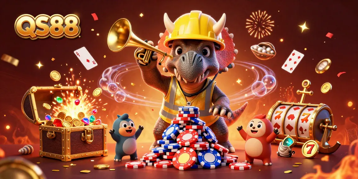 Experience the excitement of QS88 casino games with a lively celebration of poker chips and colorful treasures.