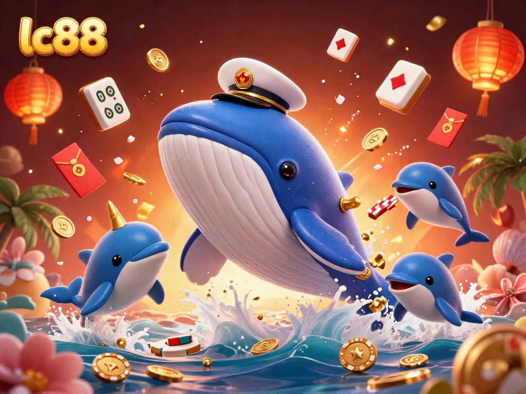 Engage with the dynamic spirit of lc88 as a cartoon whale and dolphins celebrate gambling success amidst coins and festive symbols.