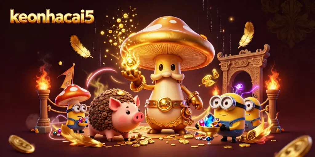 Experience the vibrant energy of keonhacai5 with a magical golden wizard and friends amidst enchanting gambling elements.