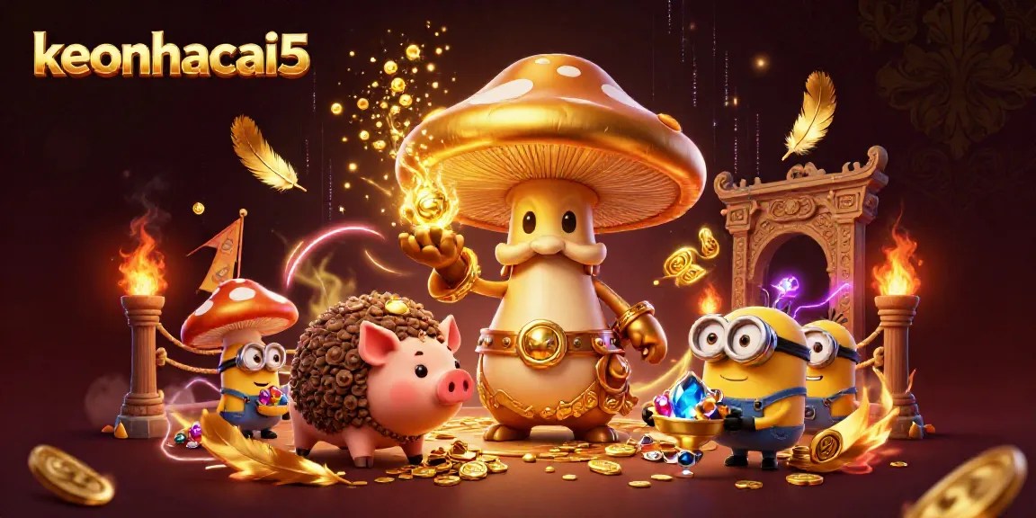 Experience the vibrant energy of keonhacai5 with a magical golden wizard and friends amidst enchanting gambling elements.
