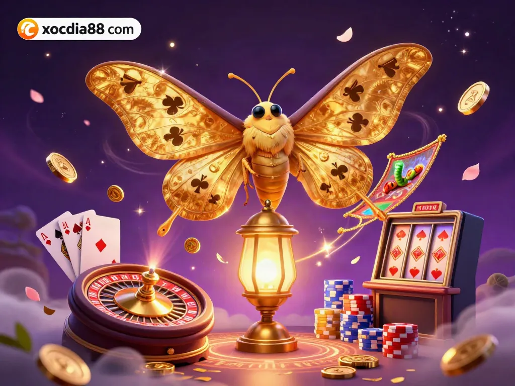 Experience the vibrant magic of xocdia88 com through a dynamic casino illustration depicting rich gaming elements.