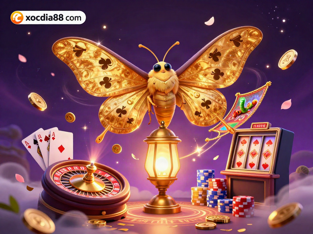 Experience the vibrant magic of xocdia88 com through a dynamic casino illustration depicting rich gaming elements.