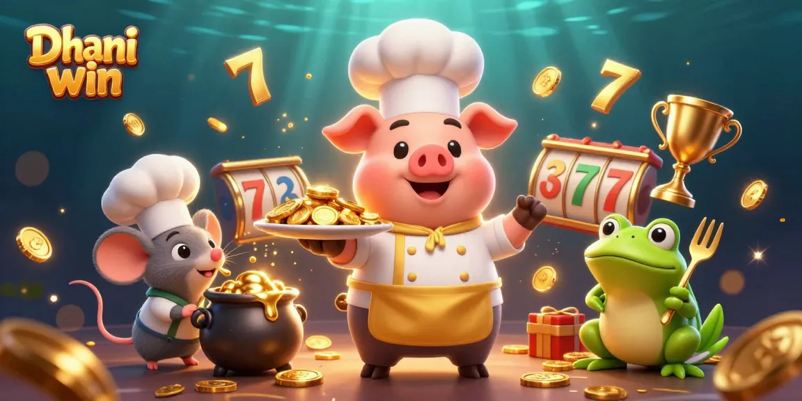 Dhani win gameplay excitement with characters enjoying slot machines, gold coins, and gambling fun
