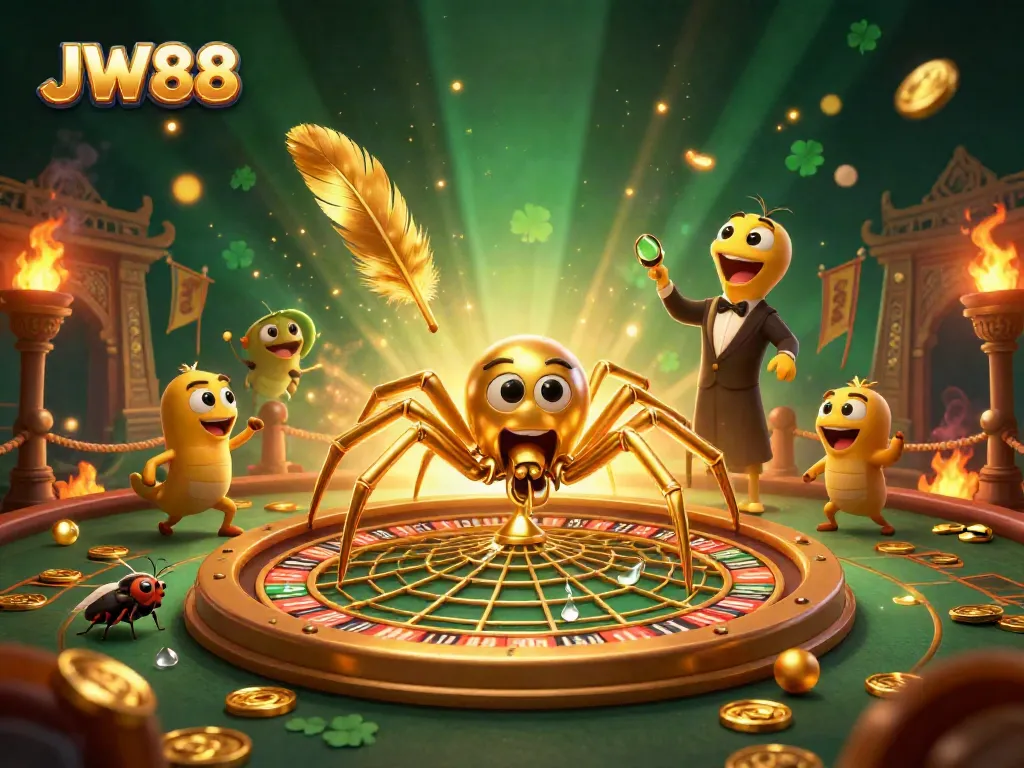 Experience thrilling bets at JW88 with a vibrant roulette wheel and a whimsical spider-themed casino scene.
