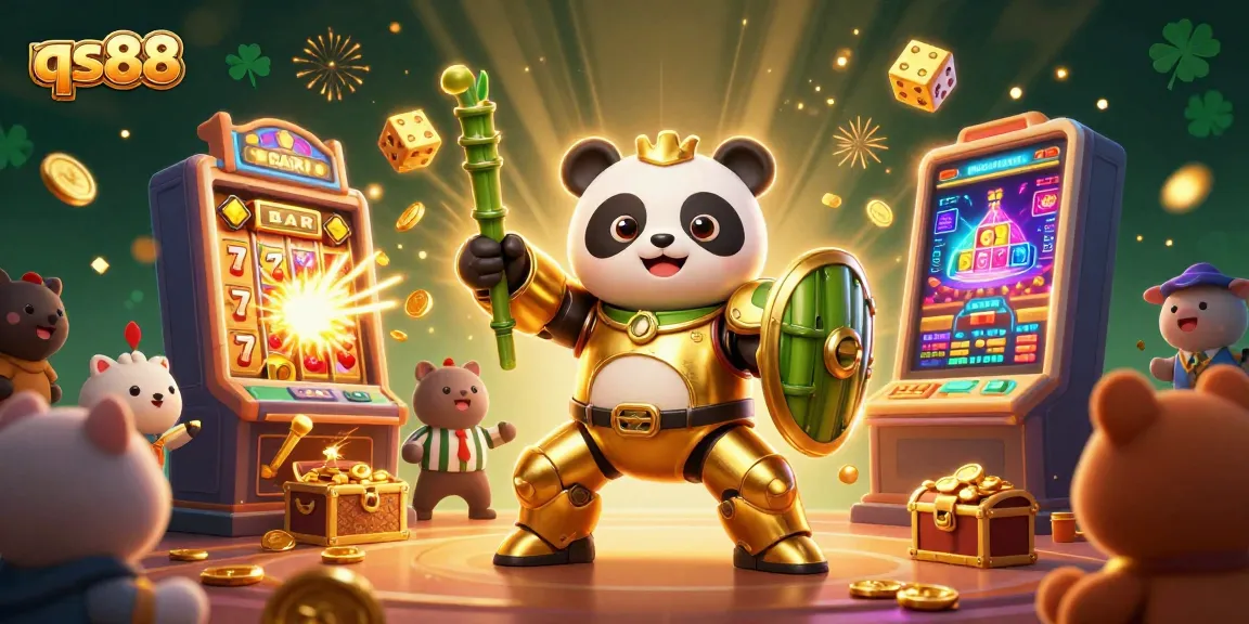 Experience the thrill of qs88 with a golden panda robot battling amidst exploding jackpots and vibrant casino graphics.
