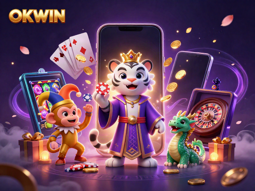 Experience OKWIN's captivating gaming world with an enchanting 3D tiger and playful monkey surrounded by vibrant casino elements.