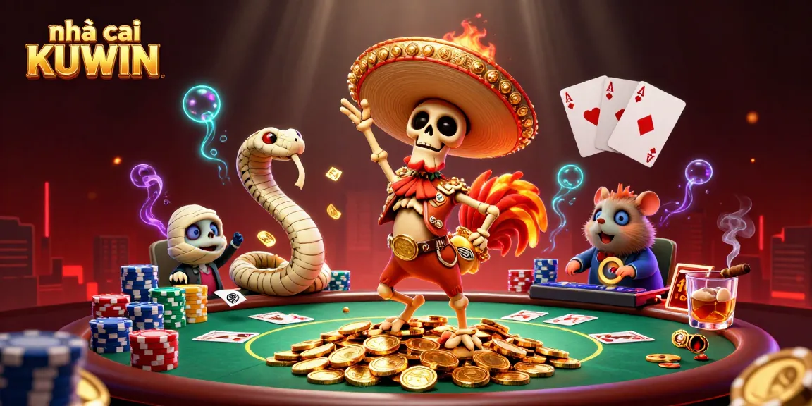 Experience the vibrant world of nhà cái KUWIN with dynamic characters celebrating on a golden treasure pile.