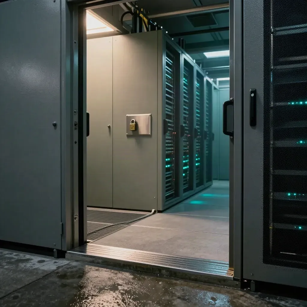 Rainy server-room entrance with locked patch cabinet, cyan rack glow and wet concrete threshold.