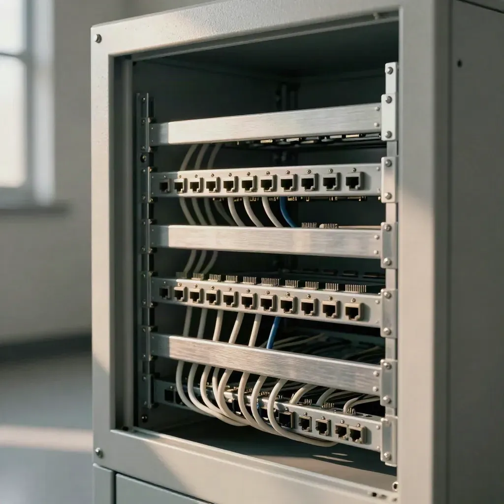 Open comms cabinet in a utility room, neatly rerouted patch leads and sealed ports.
