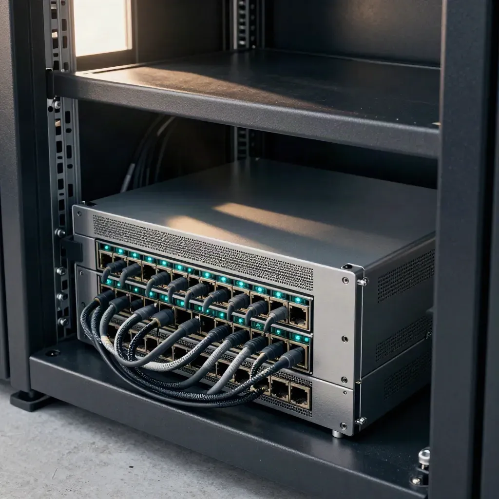 Firewall appliance in a rack with braided cables and cyan status lights, shot low in dramatic light.