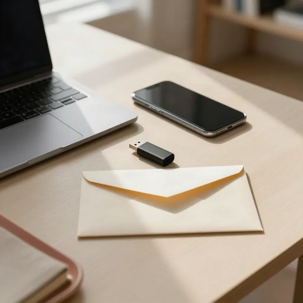 Closed laptop, phone, USB stick and face-down envelope on a warm desk.