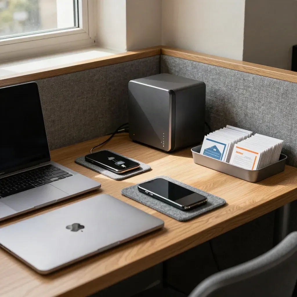 Calm startup hot-desk corner with closed laptops, face-down phones, and a quarantine mail tray.