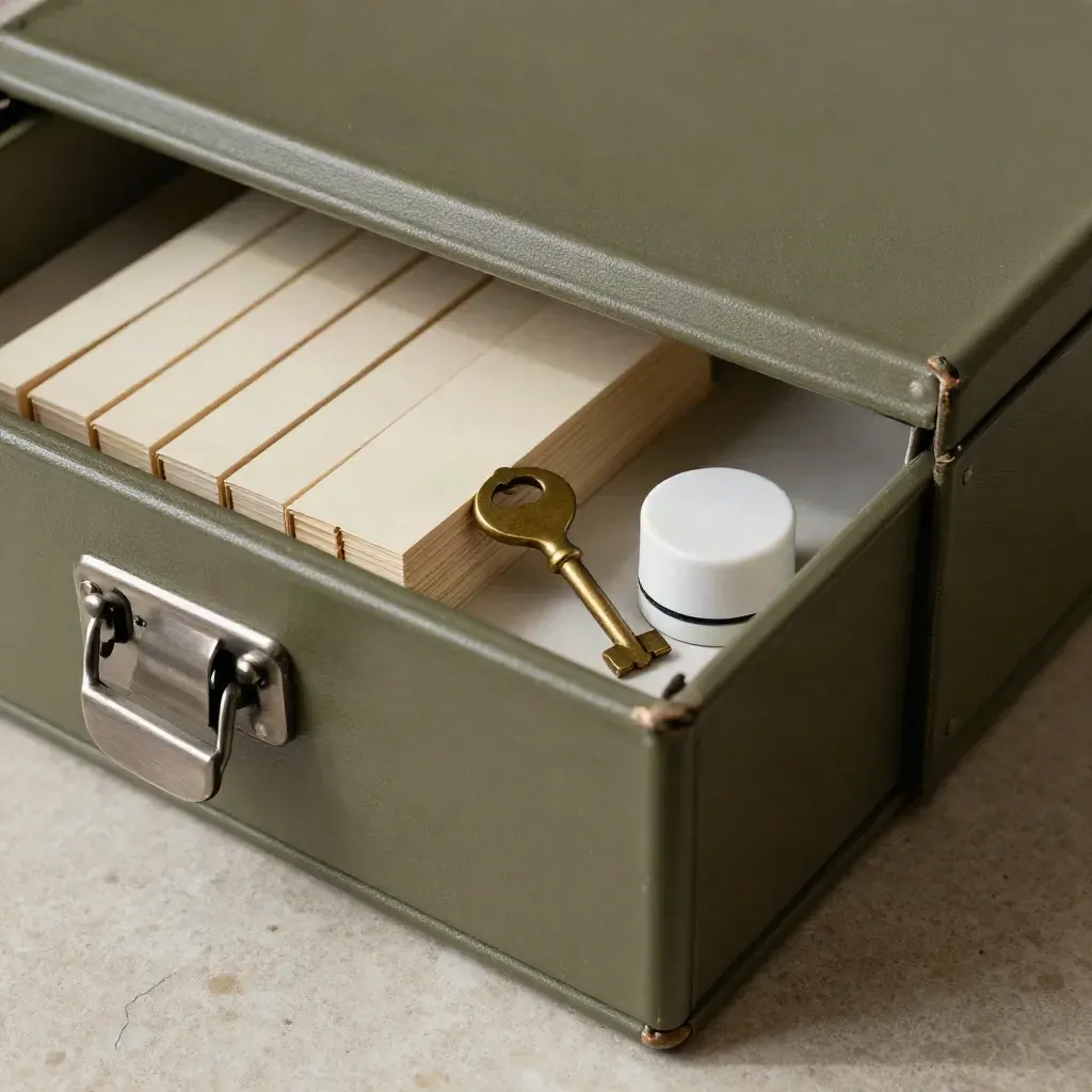 Khaki archive box with brass key, blank dividers and desk stamp on pale stone.