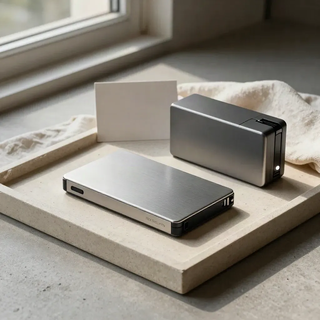 Backup SSD, encrypted drive case and UPS battery on stone tray with soft daylight.