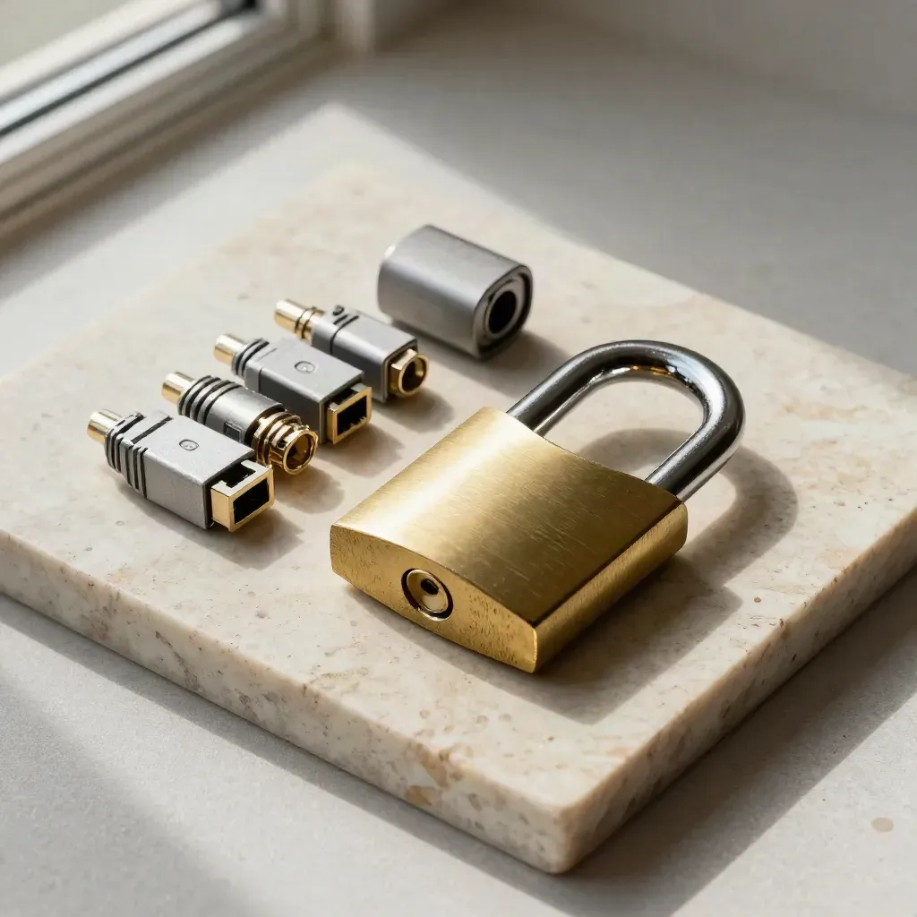 Overhead flatlay of brass padlock, steel risk markers and network connectors on pale travertine.