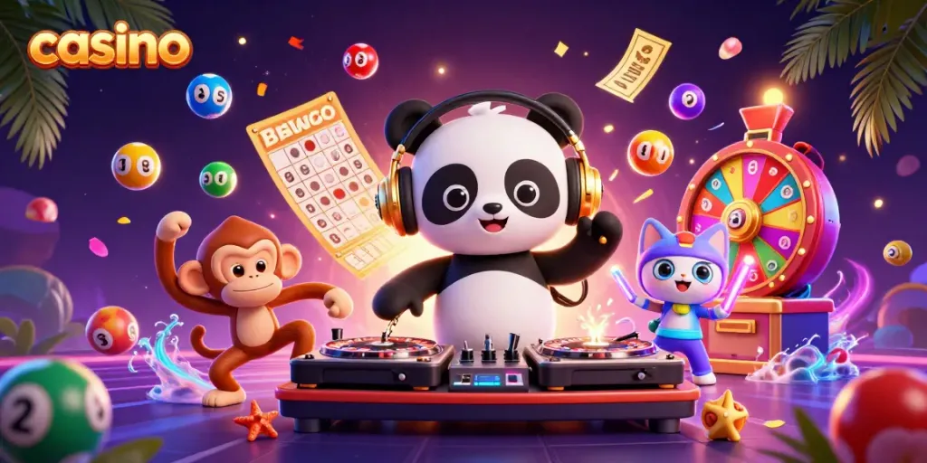 Enjoy an engaging casino scene featuring a DJ panda, breakdancing monkey, and a glow-stick kitten.