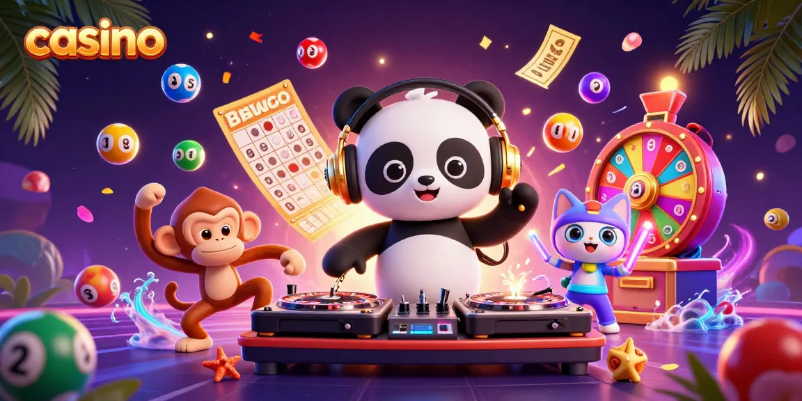 Enjoy an engaging casino scene featuring a DJ panda, breakdancing monkey, and a glow-stick kitten.