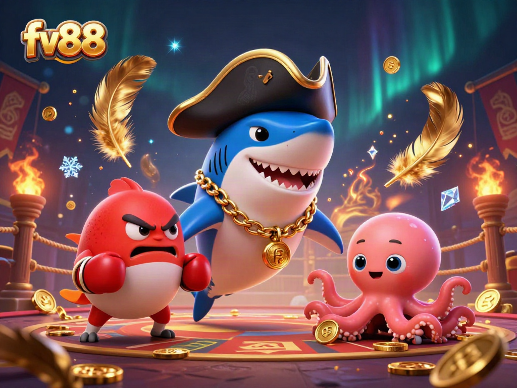 Engage with fv88's thrilling casino games alongside dynamic cartoon characters in an immersive scene.