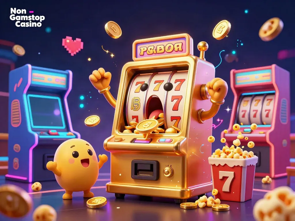 Experience a thrilling Non Gamstop Casino scene with a jackpot-winning slot machine and cheering characters.