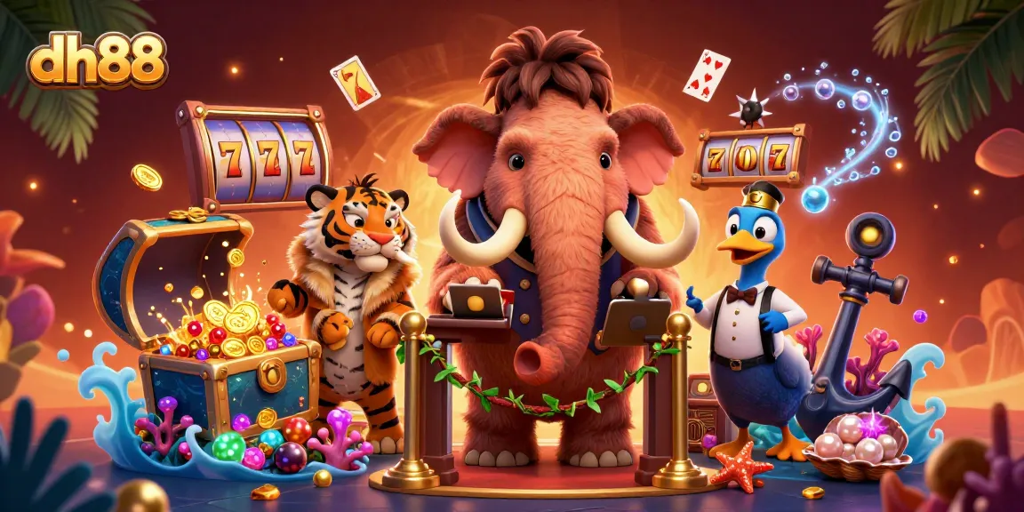 Engage with dh88 features like a woolly mammoth bouncer and VIP guests in a vibrant casino scene.