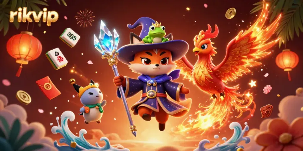 Engage with rikvip's exciting gaming experience in a vibrant casino-themed illustration.