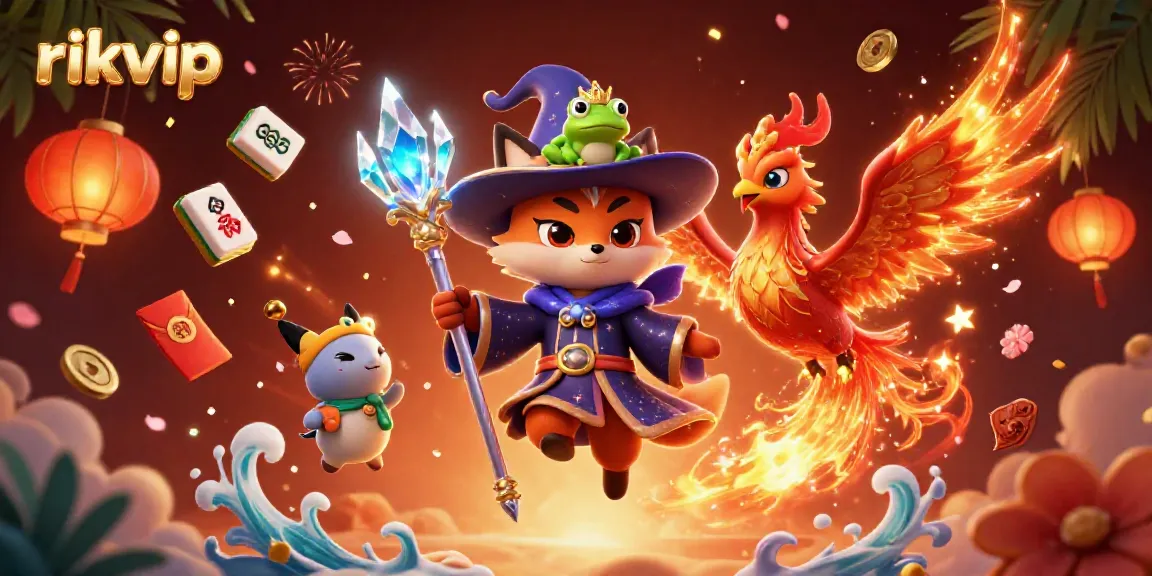 Engage with rikvip's exciting gaming experience in a vibrant casino-themed illustration.