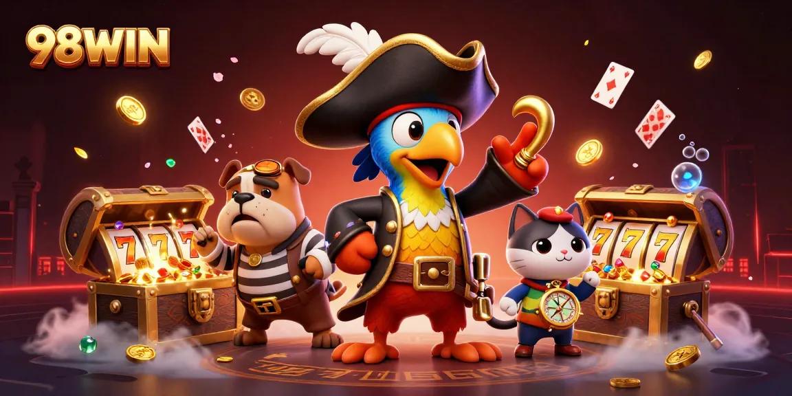 Engage with thrilling gaming action at 98WIN featuring a vibrant casino scene with unique characters.