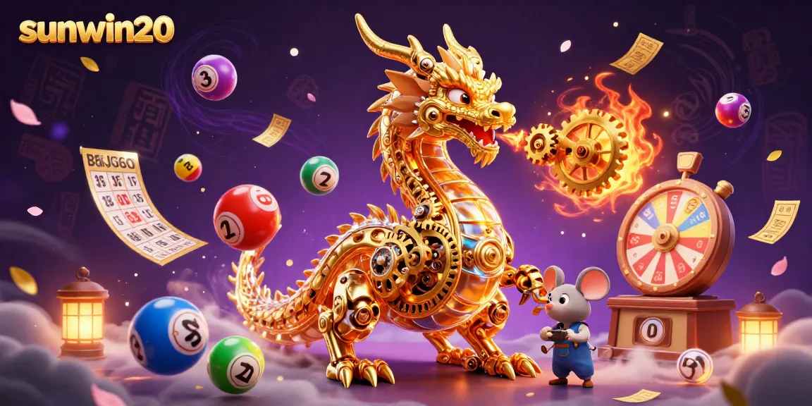 Engage with sunwin20 in a vibrant 3D casino scene featuring a golden dragon and dynamic lottery games.