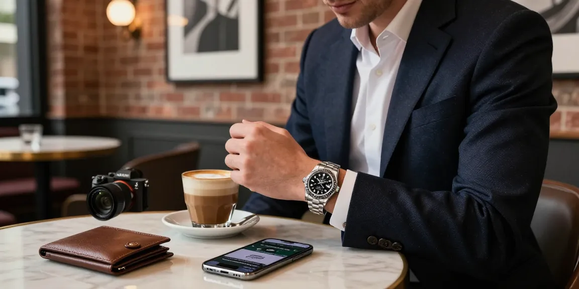Stylish individual admiring rolex super clone watches in an elegant cafe, surrounded by luxury accessories.