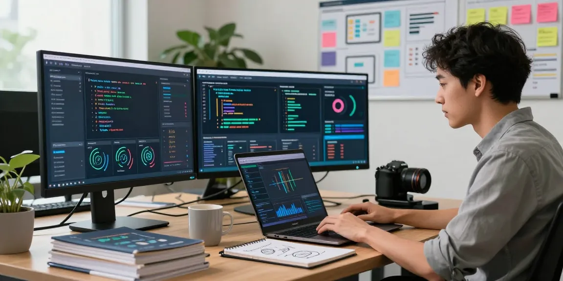 AI automation workspace with a programmer analyzing data on multiple screens in a modern office.