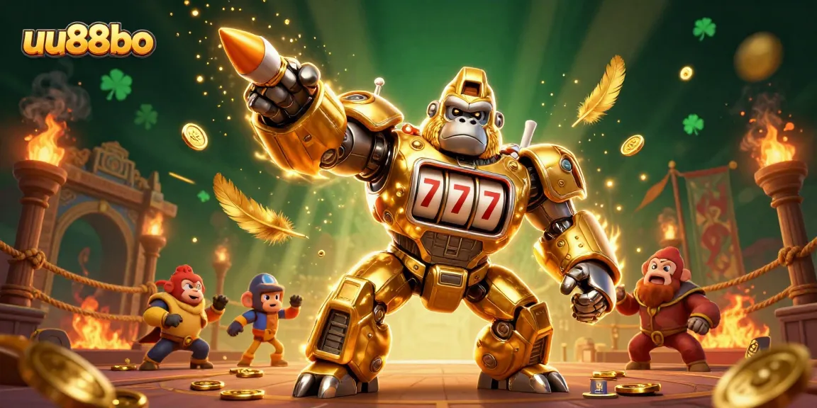 Experience epic wins with uu88bo in a vibrant gambling arena, featuring a transforming golden gorilla mech!
