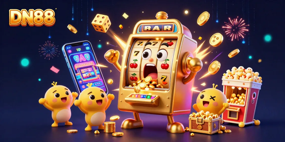 Experience exciting wins at DN88 with golden slot machines, jackpot explosions, and vibrant casino elements.