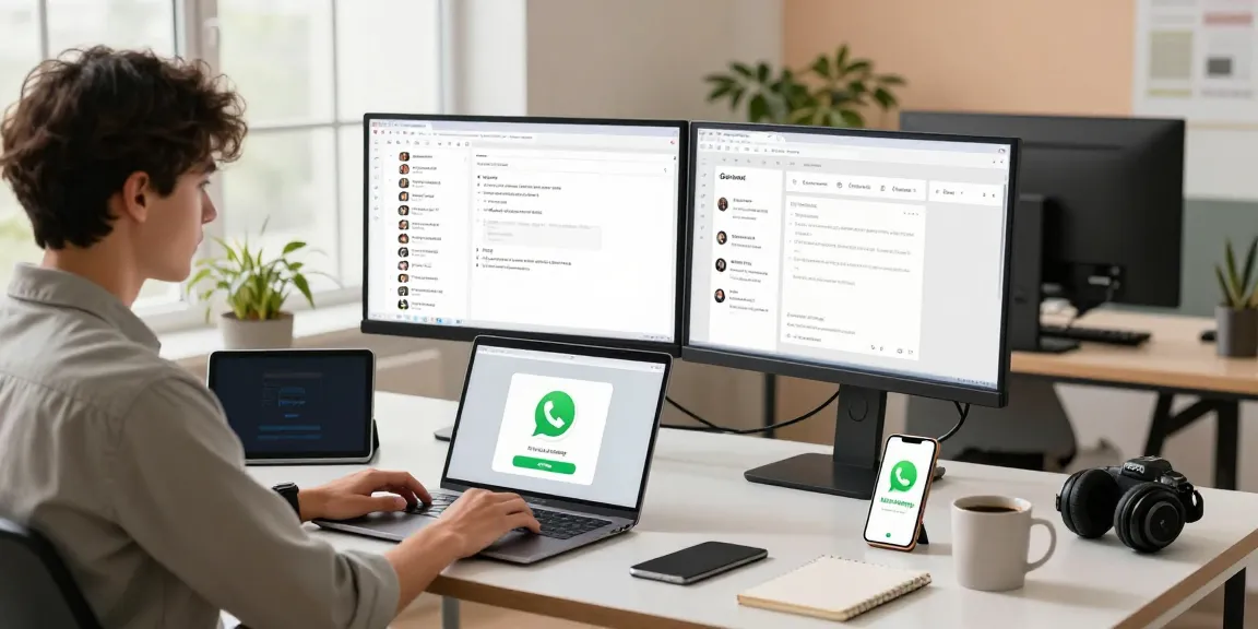 WhatsApp下載 in a modern tech workspace featuring a professional downloading the app on a laptop.