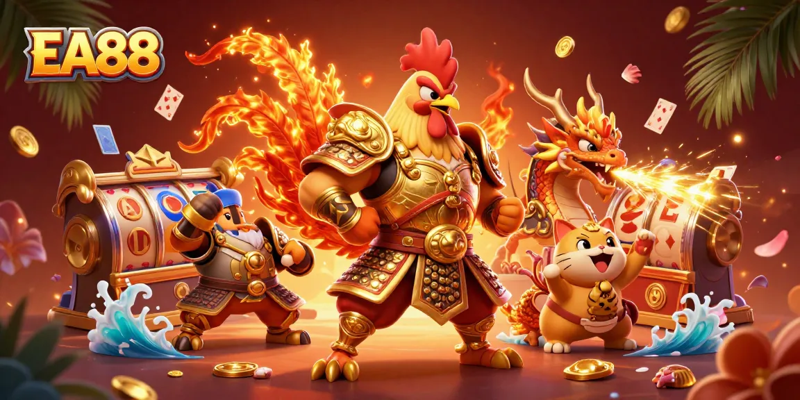 Join EA88's adventurous gambling scene with a rooster warrior and a dragon hatchling celebrating wins.