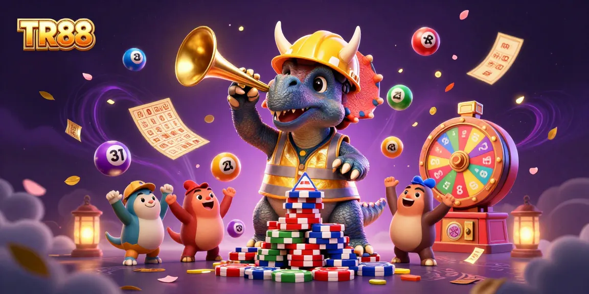 Experience excitement with TR88 as a triceratops builds poker chips amidst a lively casino scene.