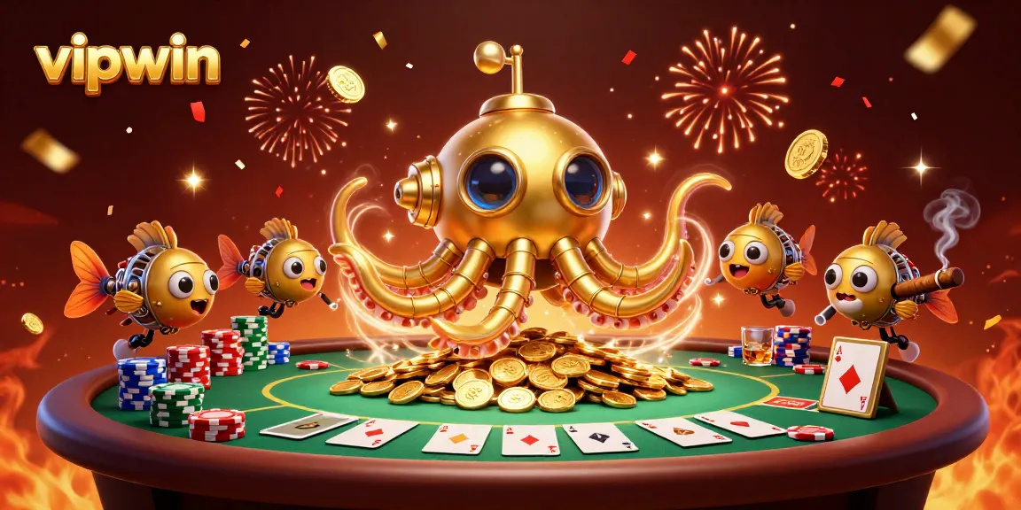 Experience winning moments at vipwin with a golden kraken submarine and poker action in a vibrant casino scene.