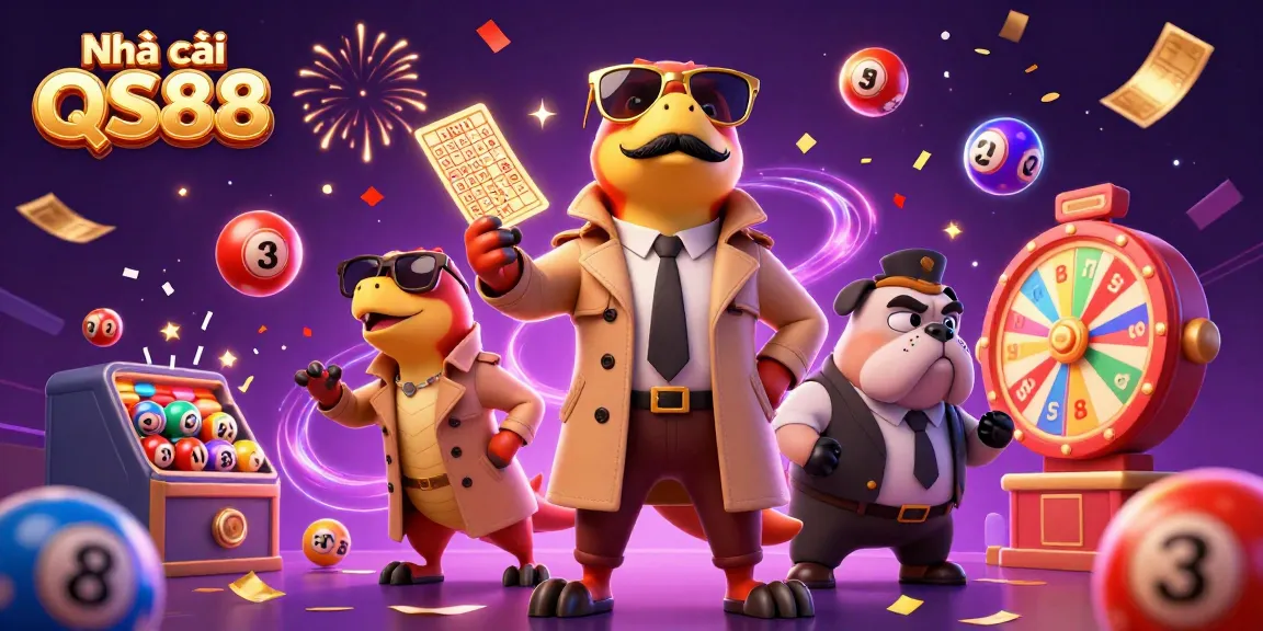 Engaging scene of Nhà cái QS88 with cartoon raptors pretending to enter a VIP casino lounge, surrounded by vibrant lottery elements.