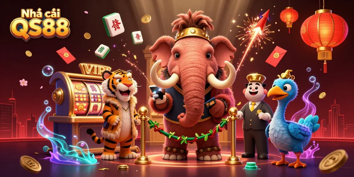 Experience fun at Nhà cái QS88 with a dynamic 3D illustration showcasing a vibrant casino atmosphere.