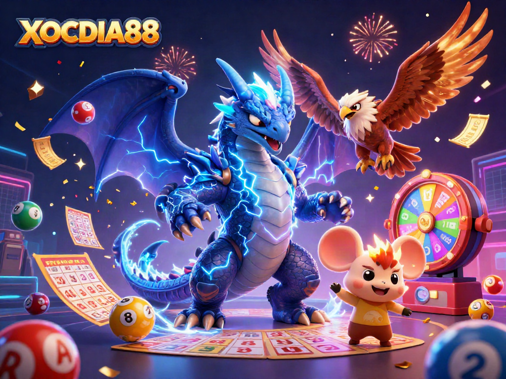 Engage in thrilling gameplay at XOCDIA88 with vibrant lottery elements and dynamic gaming characters.