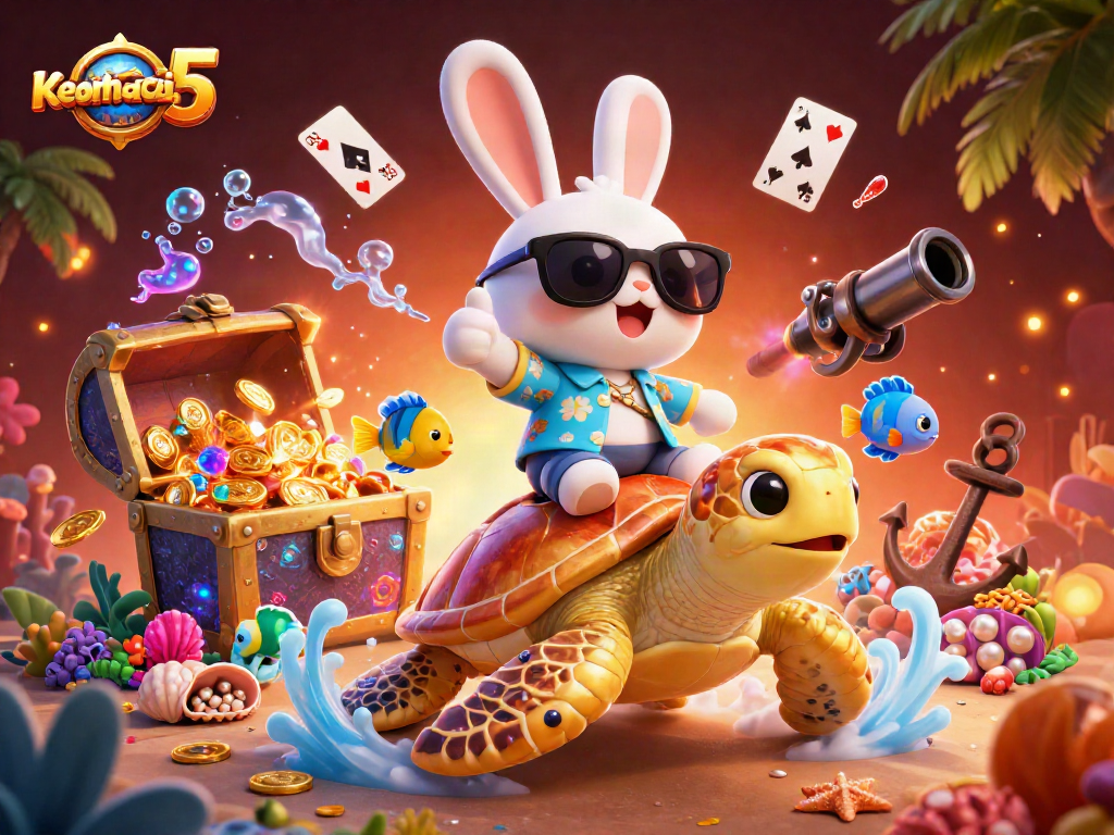 Bet on Keonhacai 5 while a lucky rabbit celebrates on a golden turtle in vibrant sea scene.