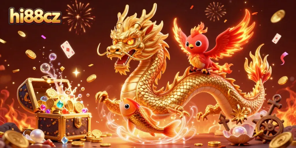 Experience the thrill of hi88cz with a vibrant 3D cartoon scene featuring a golden dragon and festive elements.