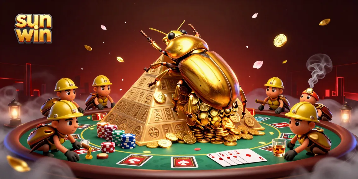 Win big with sun win in this vibrant 3D casino illustration featuring dynamic beetle characters.