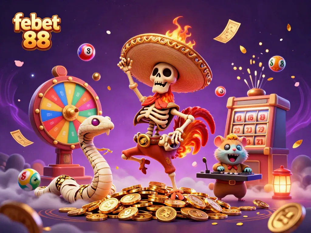 Experience the excitement of febet 88 with vibrant 3D cartoon elements, showcasing a lively cartoon scene of casino characters.