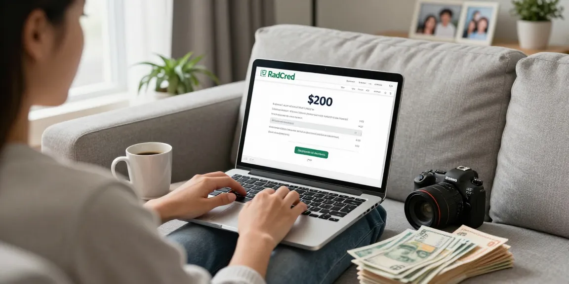 Individual using RadCred.com on a laptop to apply for a $200 loan in a comfortable living room setting.
