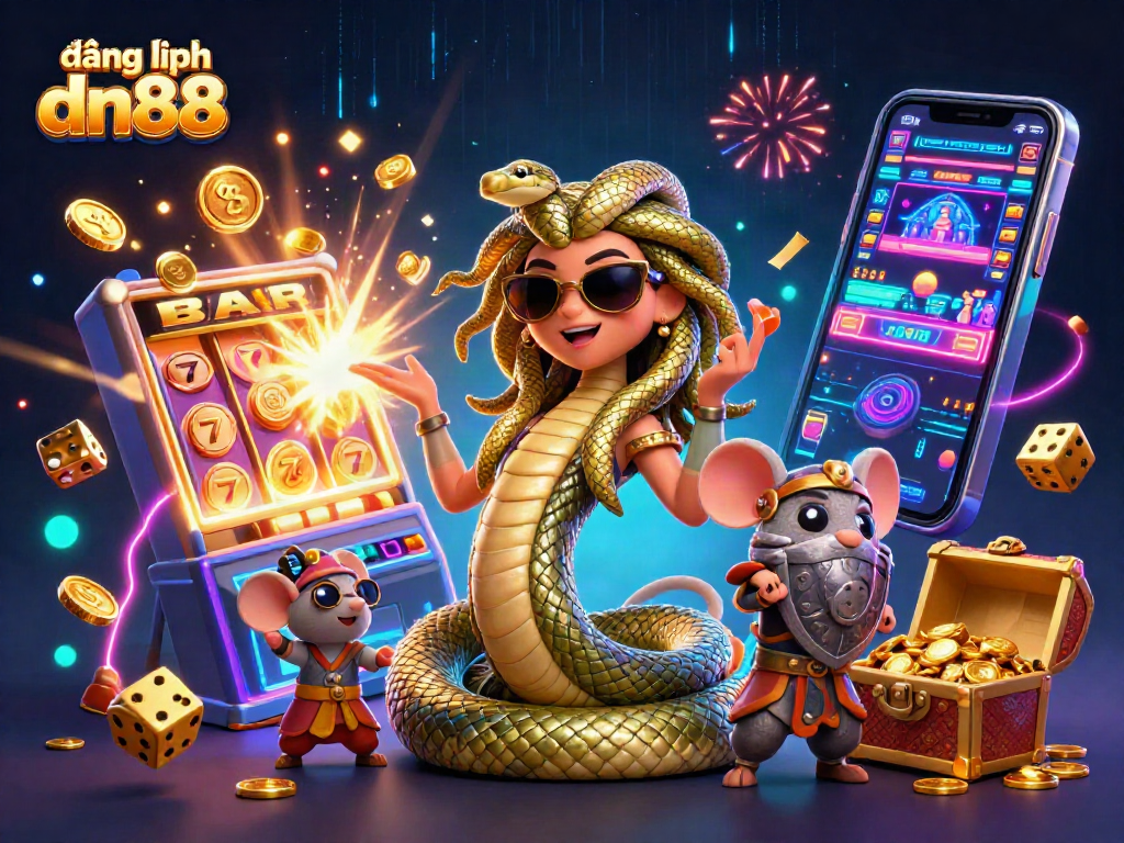 Engage in gaming excitement with đăng nhập dn88 as Medusa and a warrior mouse celebrate a jackpot victory.