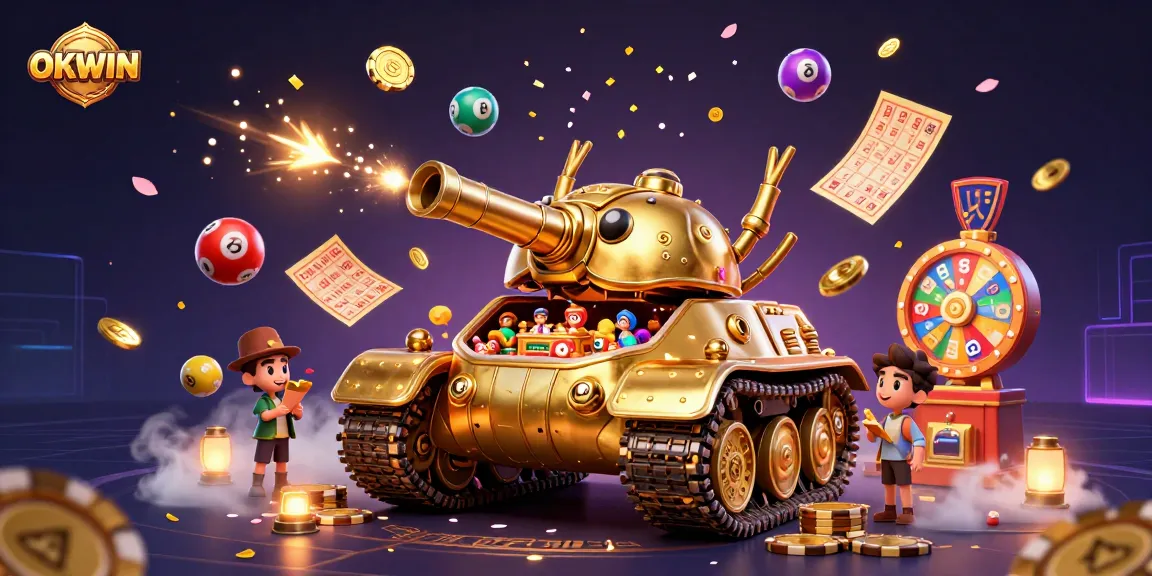 Experience the thrilling game action at OKWIN with a vibrant 3D casino illustration featuring lottery elements.