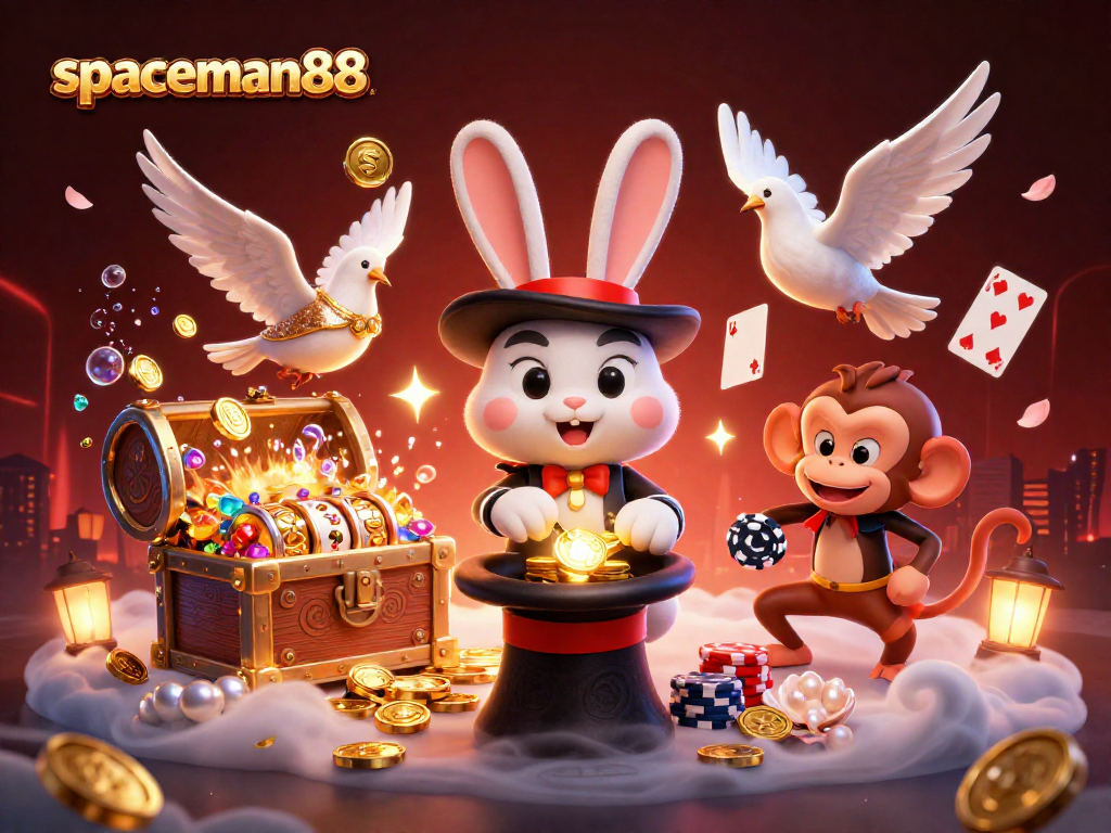 Watch the spaceman88 magician rabbit pulling gold coins among slots, floating cards, and a fantasy scene.